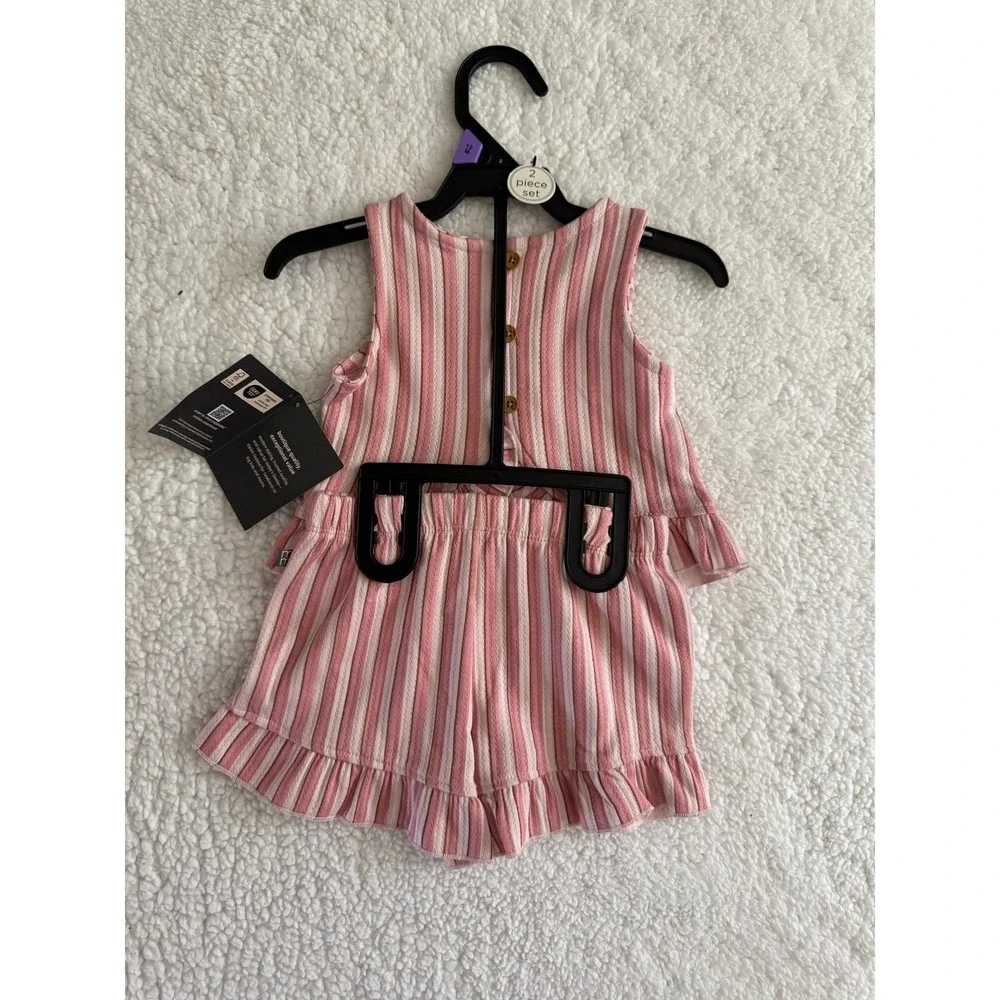 Modern Moments by Gerber Baby Girls 12M Pink Striped Ruffle Top and Shorts Set